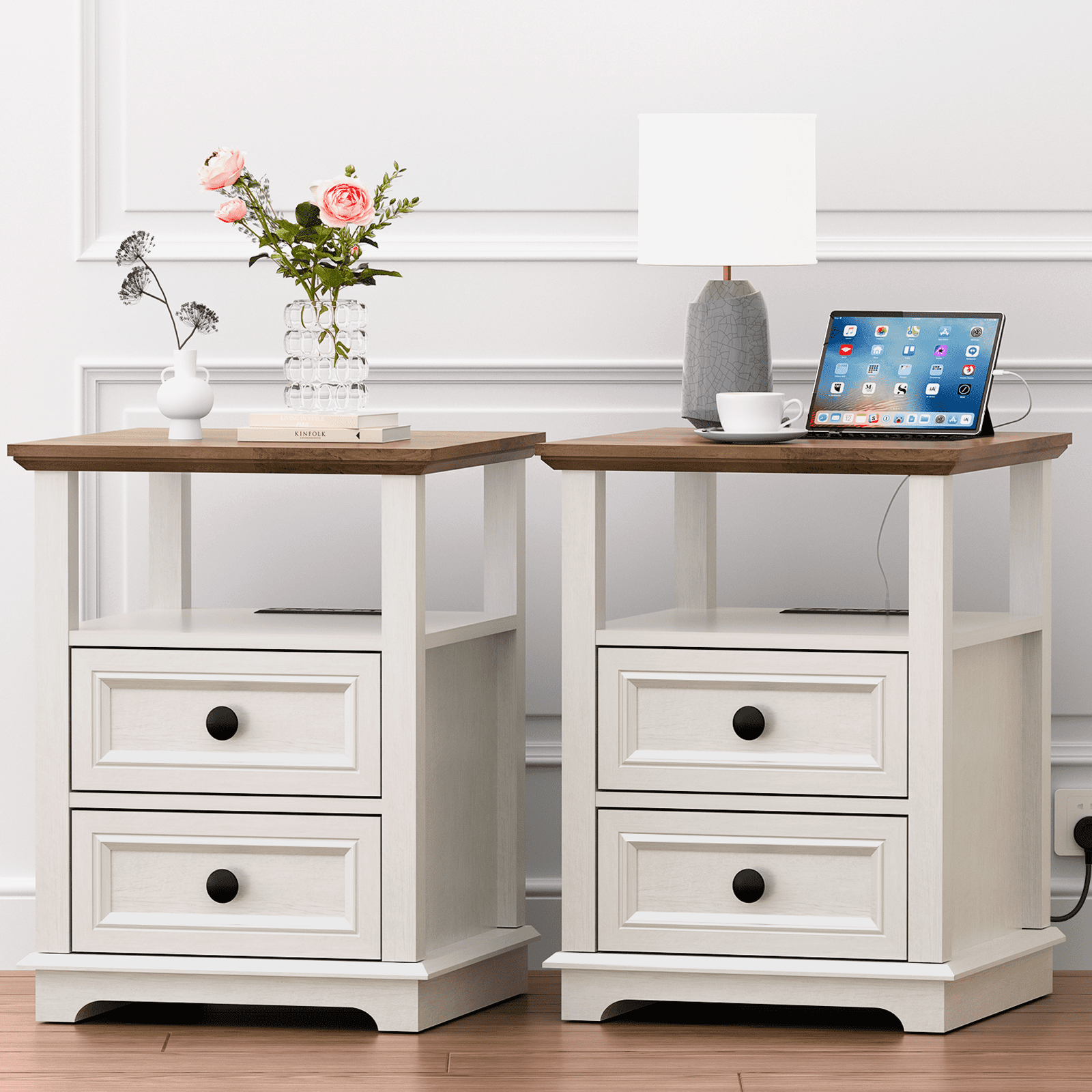 REDAYFUR End Table with Fast USB C Charging Station, 24” Tall Sofa Side Table with 2 Drawers, Large Storage Rustic Wood Square Storage Cabinet for Living Room,Bedroom,Office, White