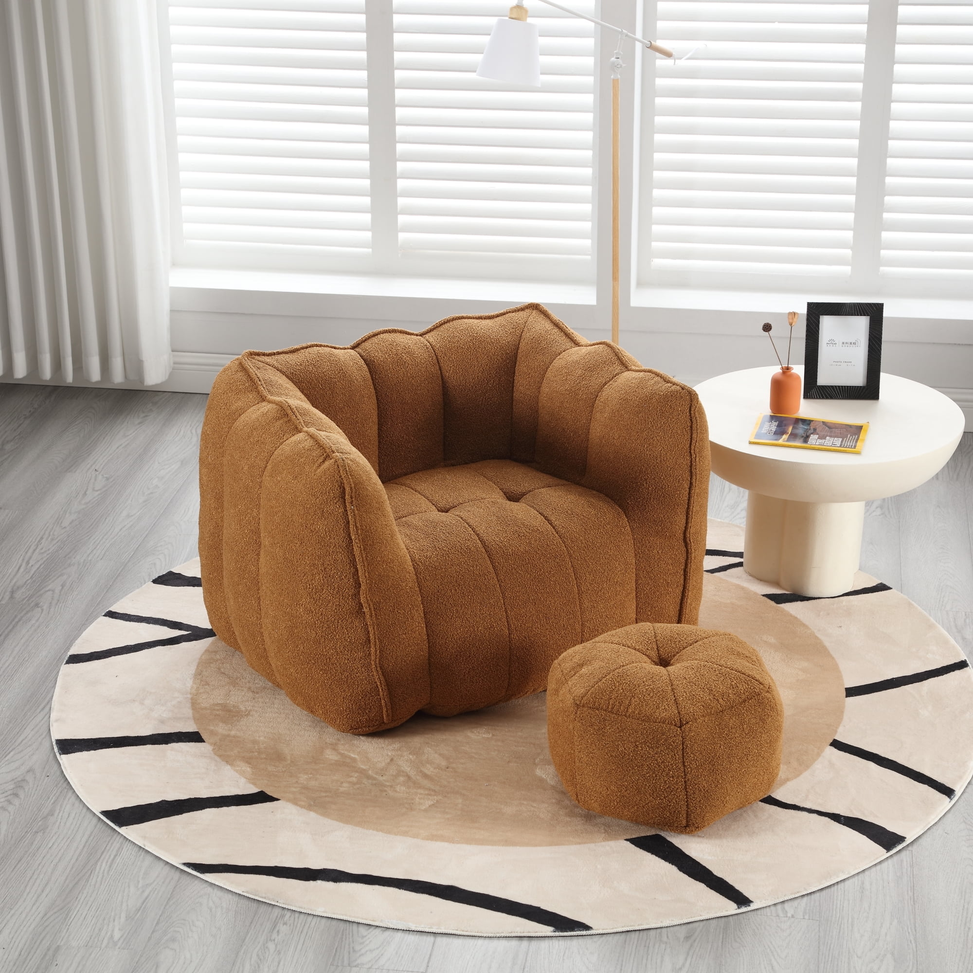 Bean Bag Chair with Footstool, Soft Lightweight Filled Bean Bag Sofa Chair with High Resilient Foam, Chenille Adult Bean Bag Chair with Armrests for Adults to Game, Read, Watch TV, Khaki