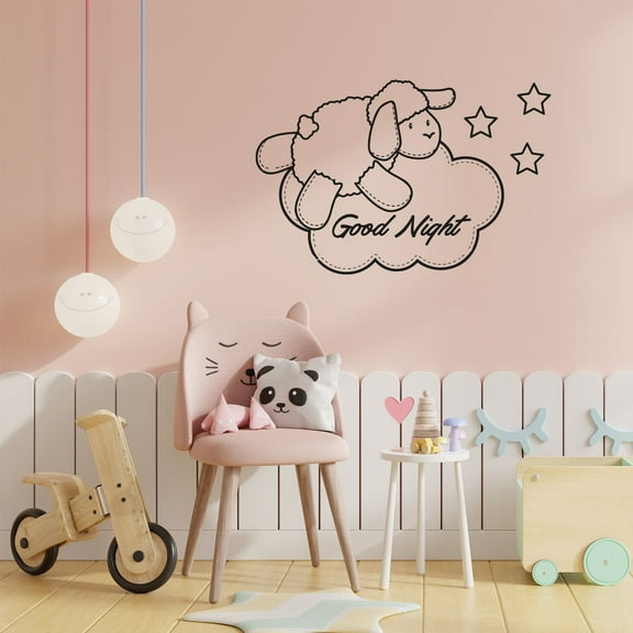 Good Night! - Bed Time Quotes Cute Baby Sheep And Stars Silhouette Vinyl Design Wall Sticker Art Decal Boys Girls Kids Room Bedroom Nursery KinderHome Decor Stickers Decoration Size (6x10 inch)