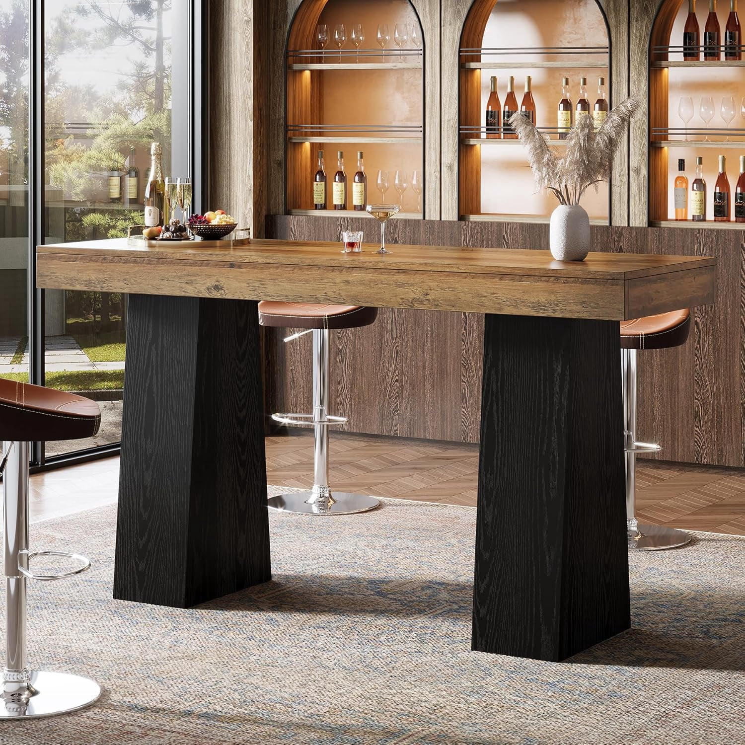 Tribesigns 63-Inch Bar Table, Wood Rustic Counter Height Pub Table for Kitchen, Dining Room, Living Room, Brown & Black