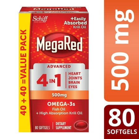 MegaRed Advanced 4 in 1 Omega-3 Fish Oil + Krill Oil Softgels, 500 Mg, 80 (Best Fish Oil For Kids With Adhd)