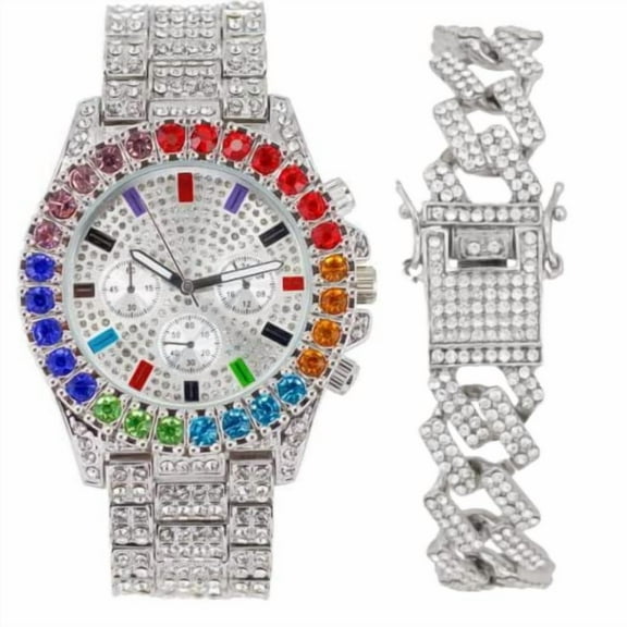 Charles Raymond Iced Out Mens Color on Blast Watch Single or Combo Sets with Blinged Out Bracelets Set. Iced Out Colourful Rainbow Flame Collection (ST10327CO-ZZ SLV)
