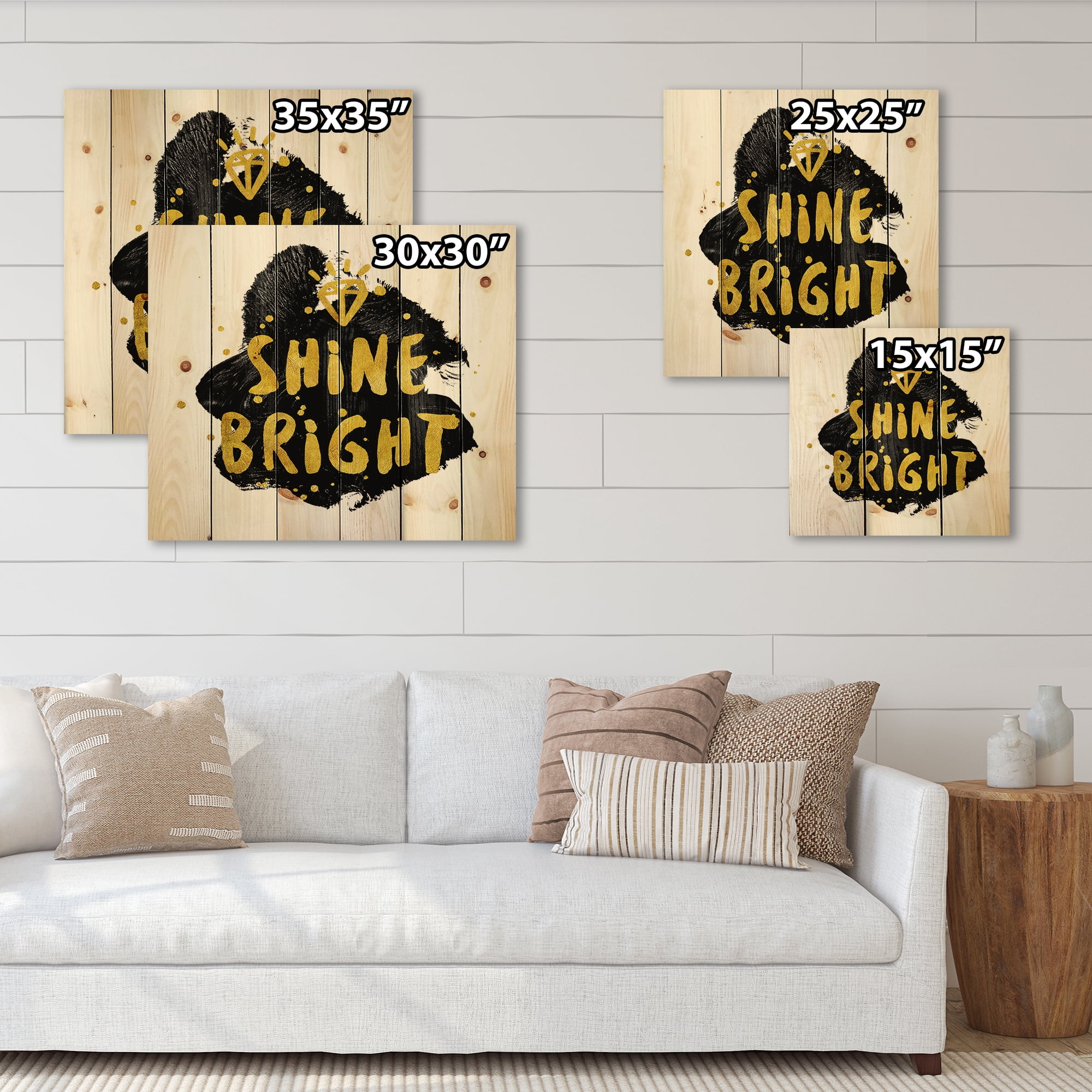 Designart 'Shine Bright Quote on Black' Glam Print on Natural Pine Wood