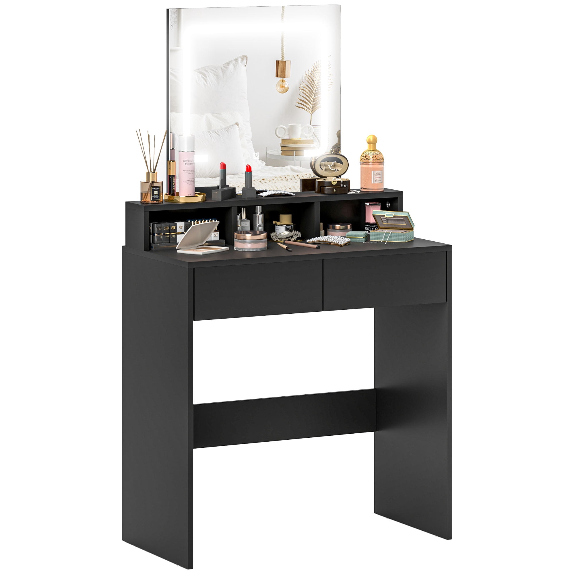 Coiffeuse Noire Avec Miroir LED Et 4 Tiroirs - Table Maquillage Rangement éclairage 3 Couleurs - 14