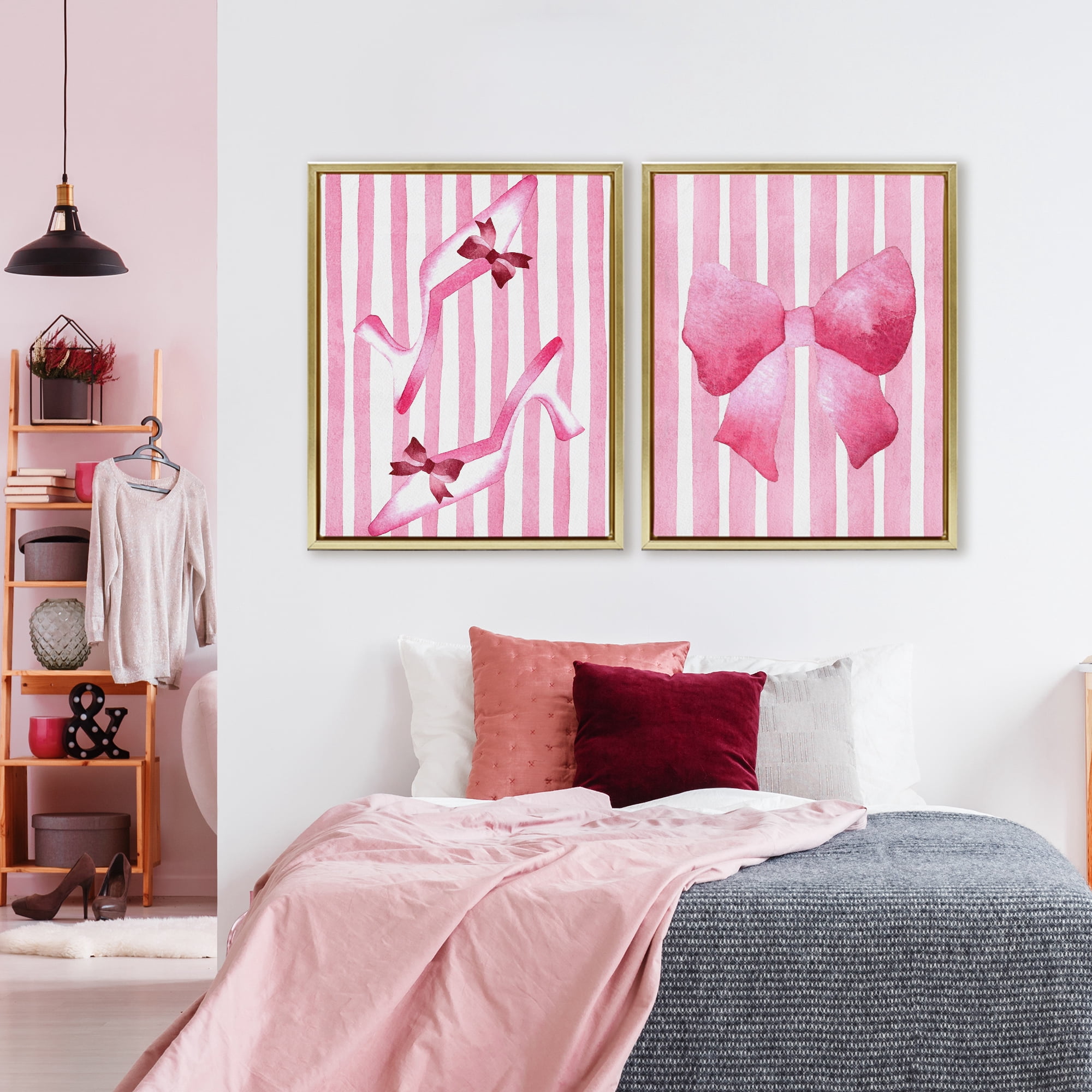 Stupell Industries Feminine Chic Bows Pink Stripes 2 Piece Gold Framed Floater Canvas Set, design by Camila Juncos