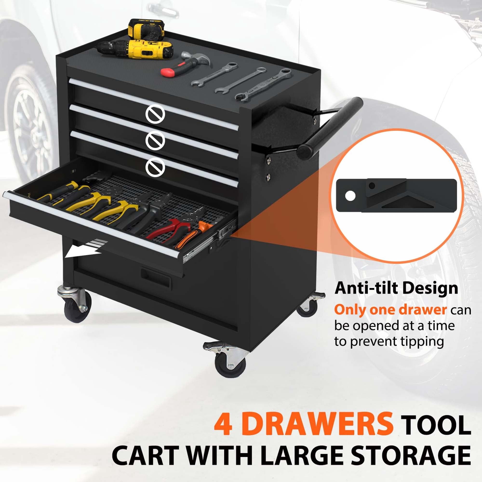 Aukfa Tool Chest, 24.5 in Steel Rolling Tool Box & Cabinet On Wheels for Garage, 4-Drawer, Black