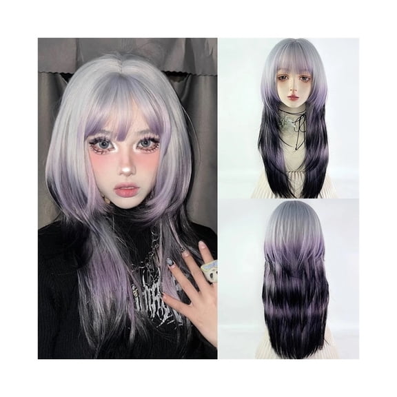Wig Grey Ombre Purple Long Straight Synthetic Women Fluffy Cosplay Wig for Daily Party