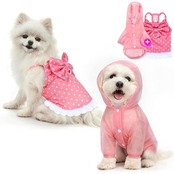 Dog Dress & Hooded Raincoat 2‑Pack , Puppy Cat Girl Clothes Pink Polka Dot Bow Sleeveless Lace Skirt, Waterproof Lightweight Breathable Outfit for Small Dogs Cats S