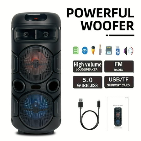 Portable Wireless PA Speaker System - Built In Rechargeable 1800mAh Battery Outdoor Wireless Party Speaker Portable PA System W/ Subwoofer, Wired Micphone, Party Lights, USB/AUX/FM Radio DJ