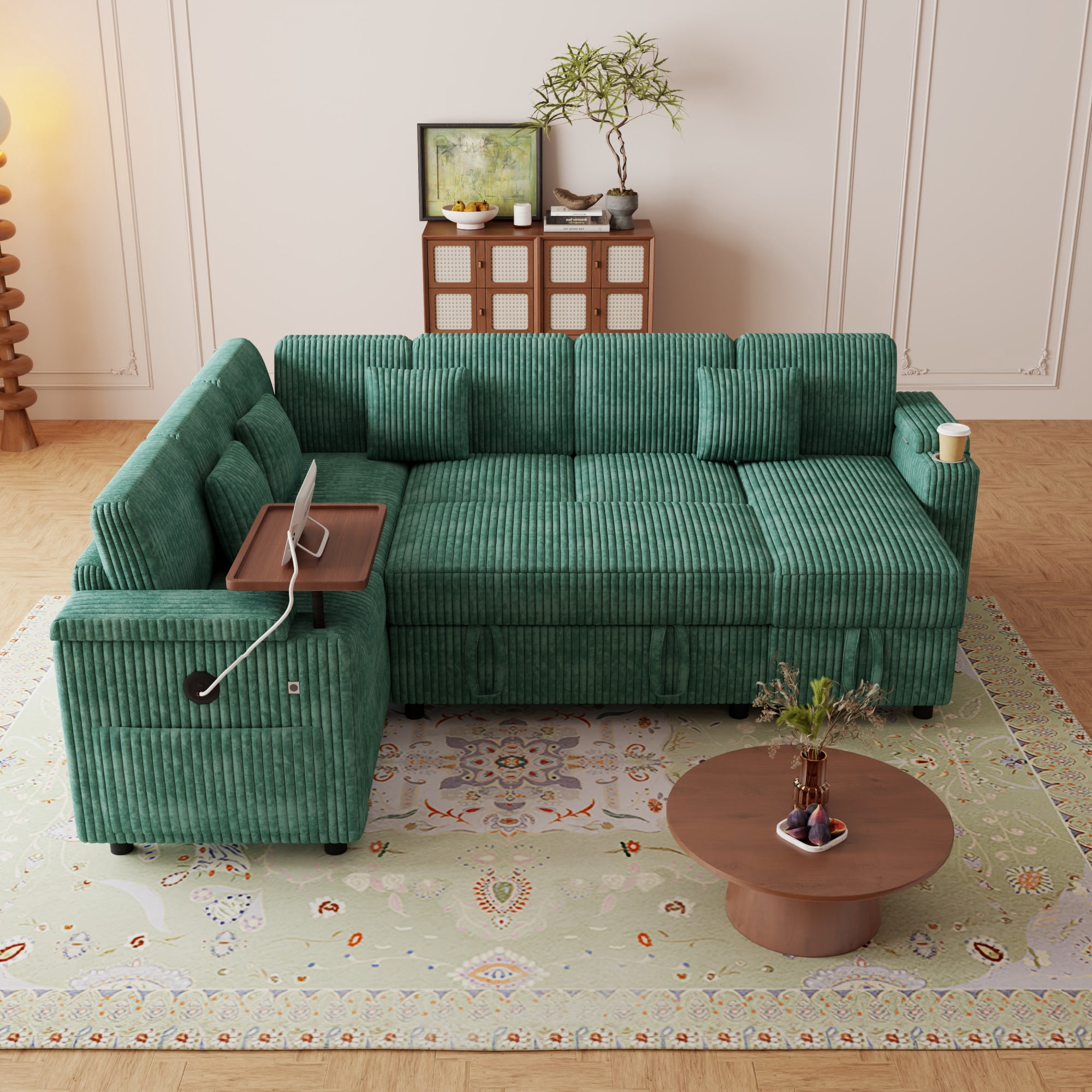 BSHTI 100" Corduroy U‑Shaped Convertible Pull‑Out Sofa Bed with USB Ports, Desk & Cup Holder for Living Room,(Green)
