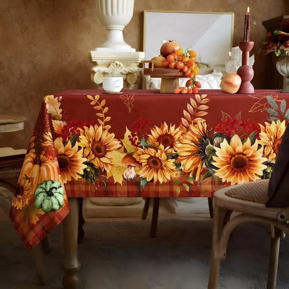 Yastouay Fall Tablecloth,Sunflower Rectangle Tablecloth ,Brown Plaid Table Cover Autumn Thanksgiving Harvest Fall Kitchen Home Decor(60"×84")