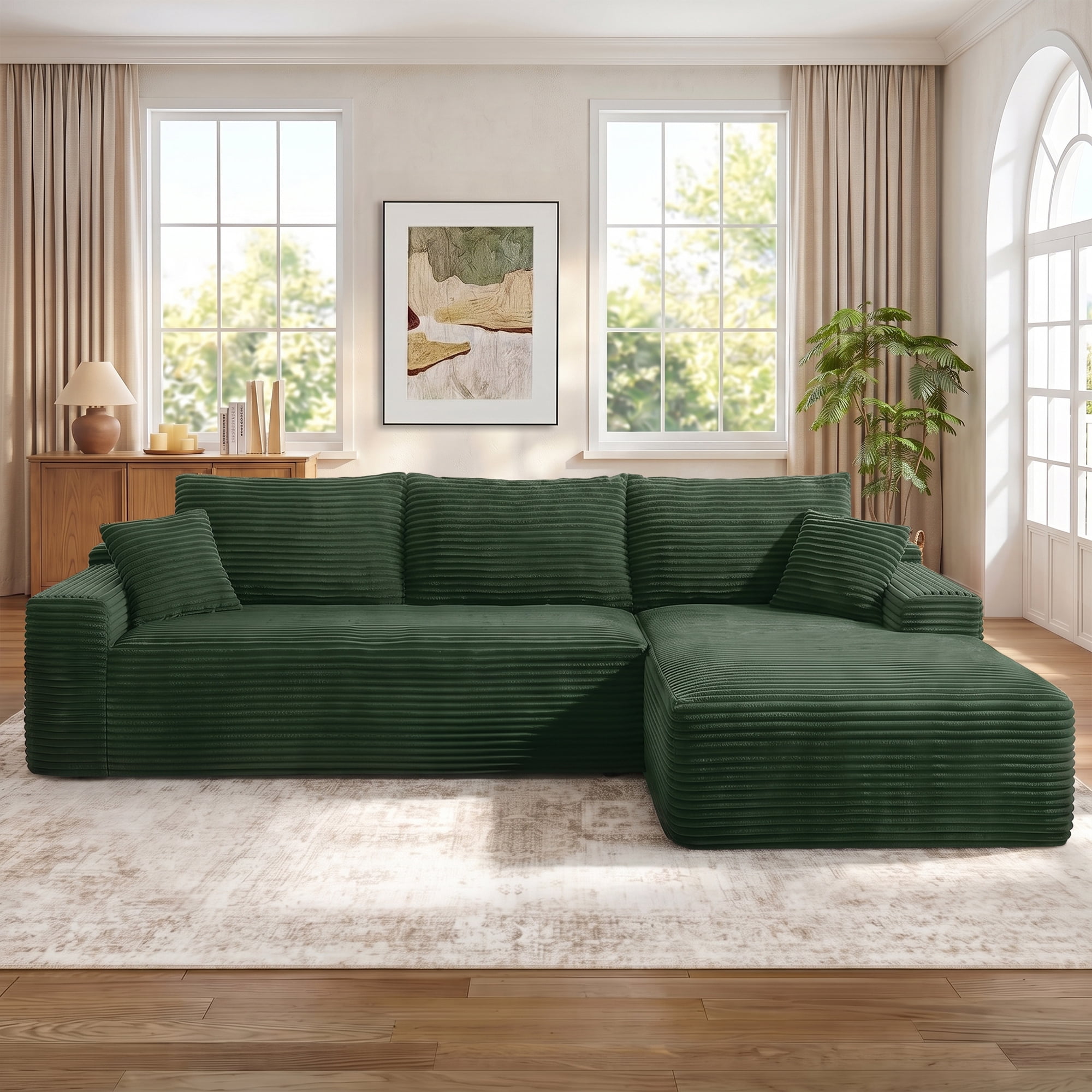 Aukfa 107" Boneless Modular Sectional Sofa, L-Shaped Corduroy Couch with Deep Seat and Right-Facing Chaise for Living Room, Emerald