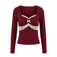 thumbnail image 5 of MYAOYI Womens Coquette Style Lace Trim Top Sweetheart Neck Long Sleeve, 5 of 7