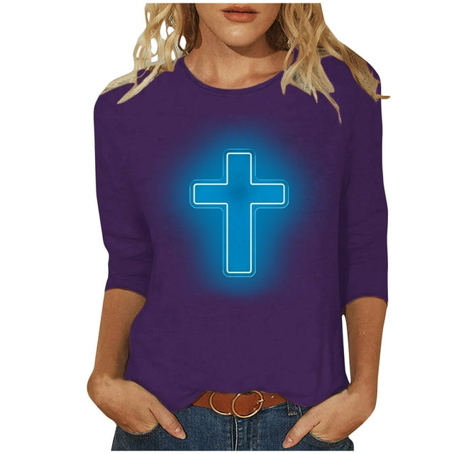 RKSTN Hauts pour Femmes Mode Décontractée Imprimé Crucifix Col Rond Manches 3/4 T-Shirt Couleur Unie Ajusté Blouse Printemps Été