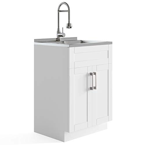 SIMPLIHOME Hennessy Contemporary 24 inch Deluxe Laundry Cabinet with Faucet and Stainless Steel Sink