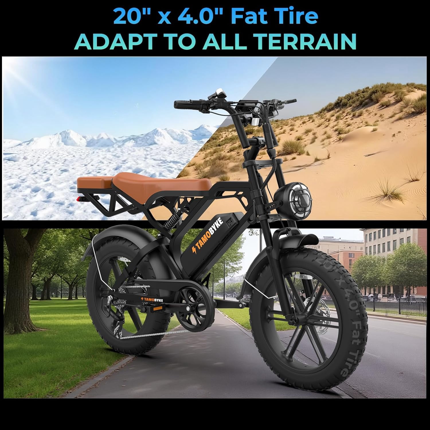 Tamobyke V20 Electric Bike for Adults, 20" Fat Tire E-Mountain Bicycle, Peak 1500W 48V 15.6Ah 30MPH Ebike Full Suspension UL2849