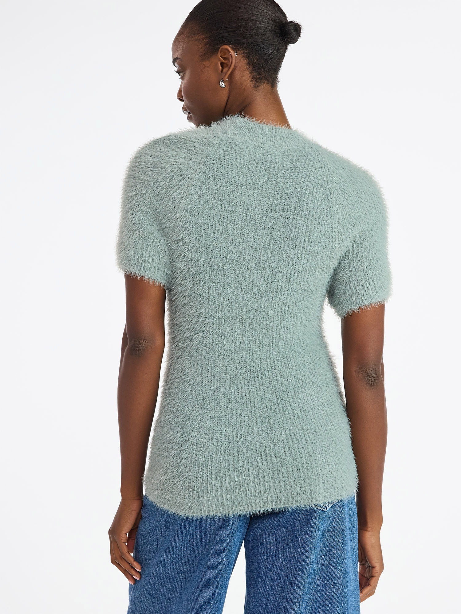 Scoop Women’s Fuzzy Sweater Top with Short Sleeves, Lightweight, Sizes XS-XXL