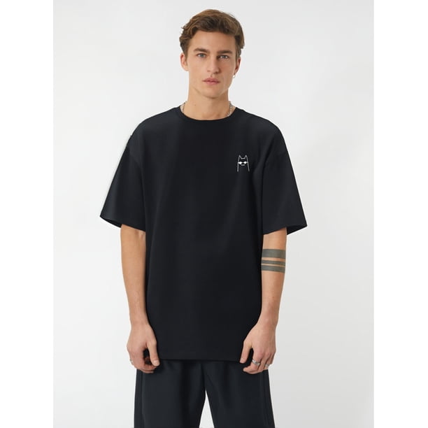 Men'S Casual Crew Neck T-Shirt with Kitten Glasses Print, Summer Knit, Slight Stretch, Regular Fit, Fashionable Short Sleeve Top for Daily Wear and Leisure