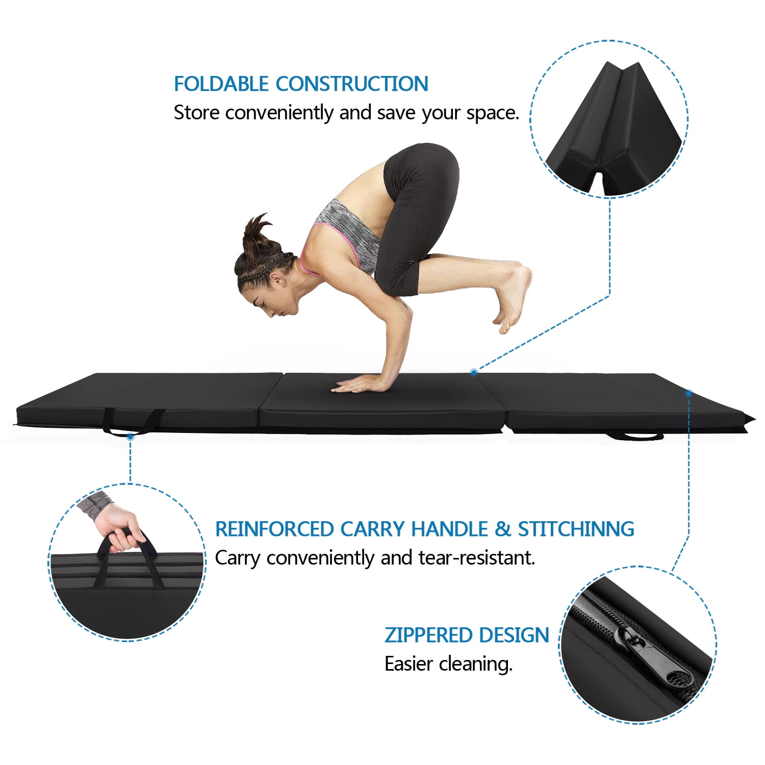 Matladin 2in Foldable 6' x 2' Black Exercise Mat with Carrying Handle