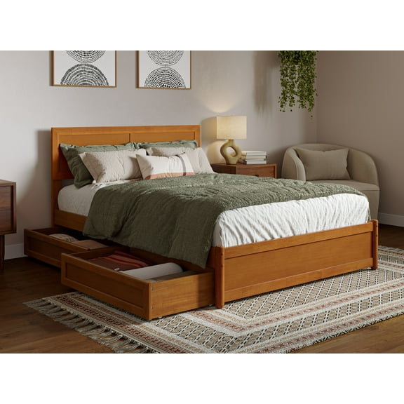 AFI Lylah Full Wood Platform Bed with Panel Footboard and Storage Drawers, Light Toffee