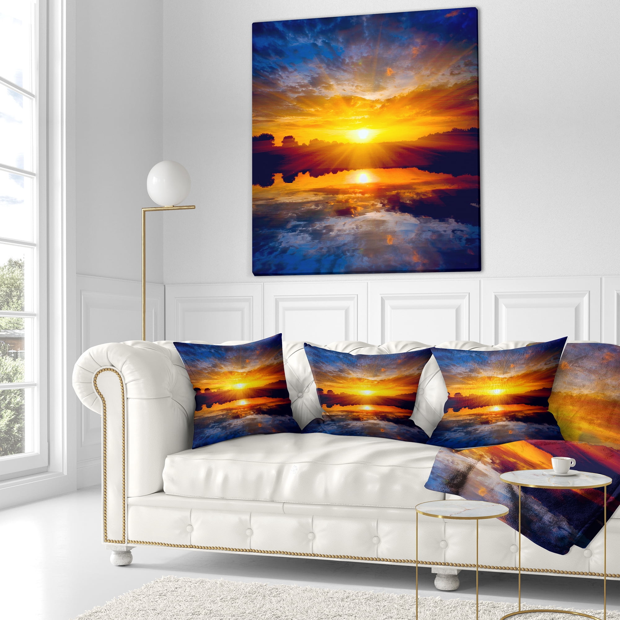 Designart Bright Yellow Sunset Over Lake - Seashore Throw Pillow - 18x18