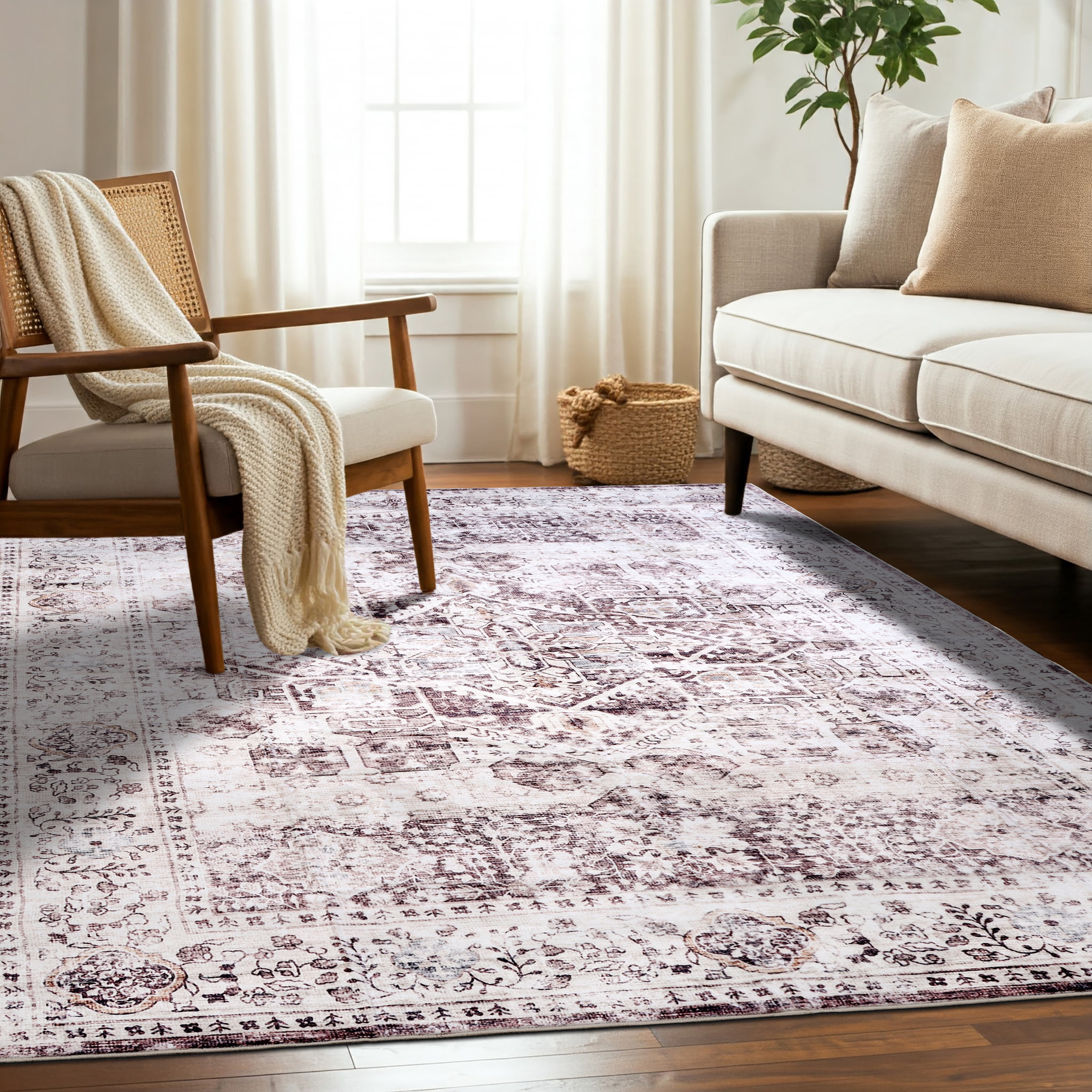 Delara 3'x5' Machine Washable Area Rug, Soft & Durable, Non-Slip, Stain Resistant, Vintage Cocoa, for Bedroom, Living & Dining Room
