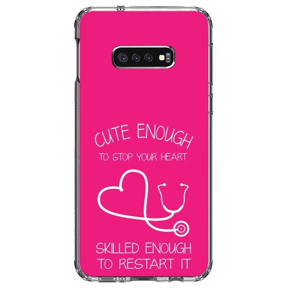 DistinctInk Clear Shockproof Hybrid Case for Samsung Galaxy S10e (5.8" Screen) - TPU Bumper, Acrylic Back, Tempered Glass Screen Protector - Hot Pink Nurse Stethoscope Heart - Support for Nurses