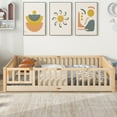 thumbnail image 2 of Queen Size Floor Bed for Kids, Wood Platform Bed with Fence and Door, Montessori Bed Frame with Slats Support, Playhouse Bed with Door Design, for Toddler, Boys,Girls,No Box Spring Needed, Natural, 2 of 9