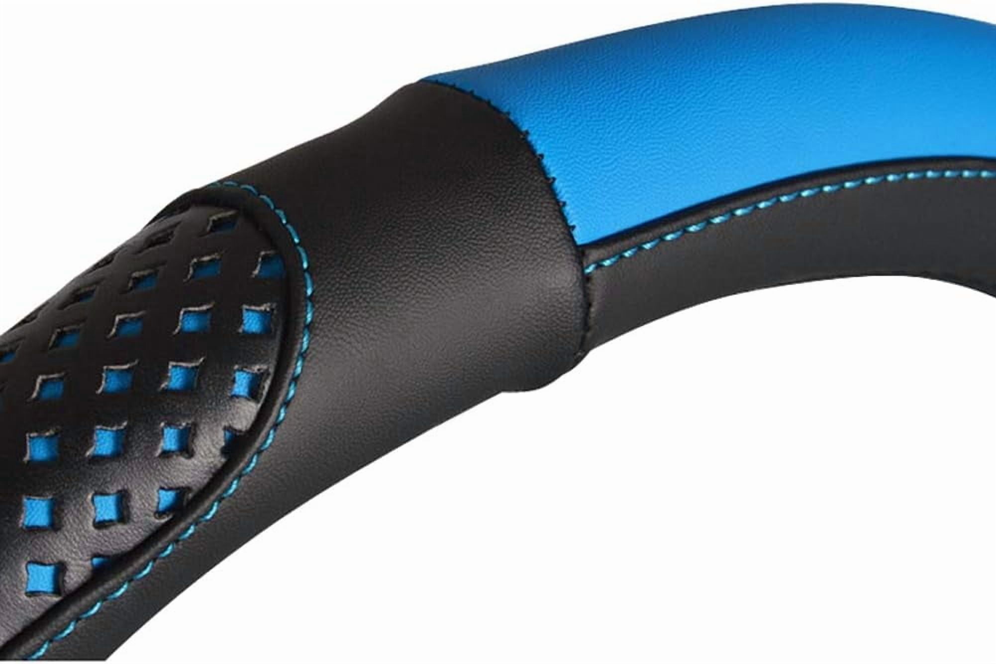 Car Steering Wheel Cover Hole Perforation Anti-Slip Universal 15 Inches Leather for Women, Black Blue