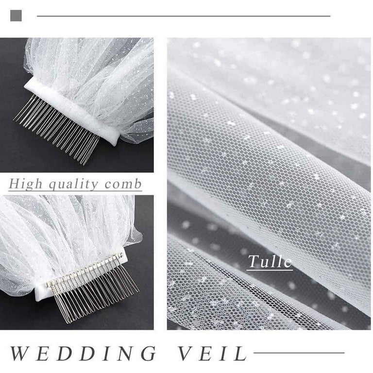 JWICOS 1 Tier Bride Wedding Veil for Women Fingertip Bridal Tulle Veil Lace  with Comb and Cut Edge for Wedding Hen party (White)