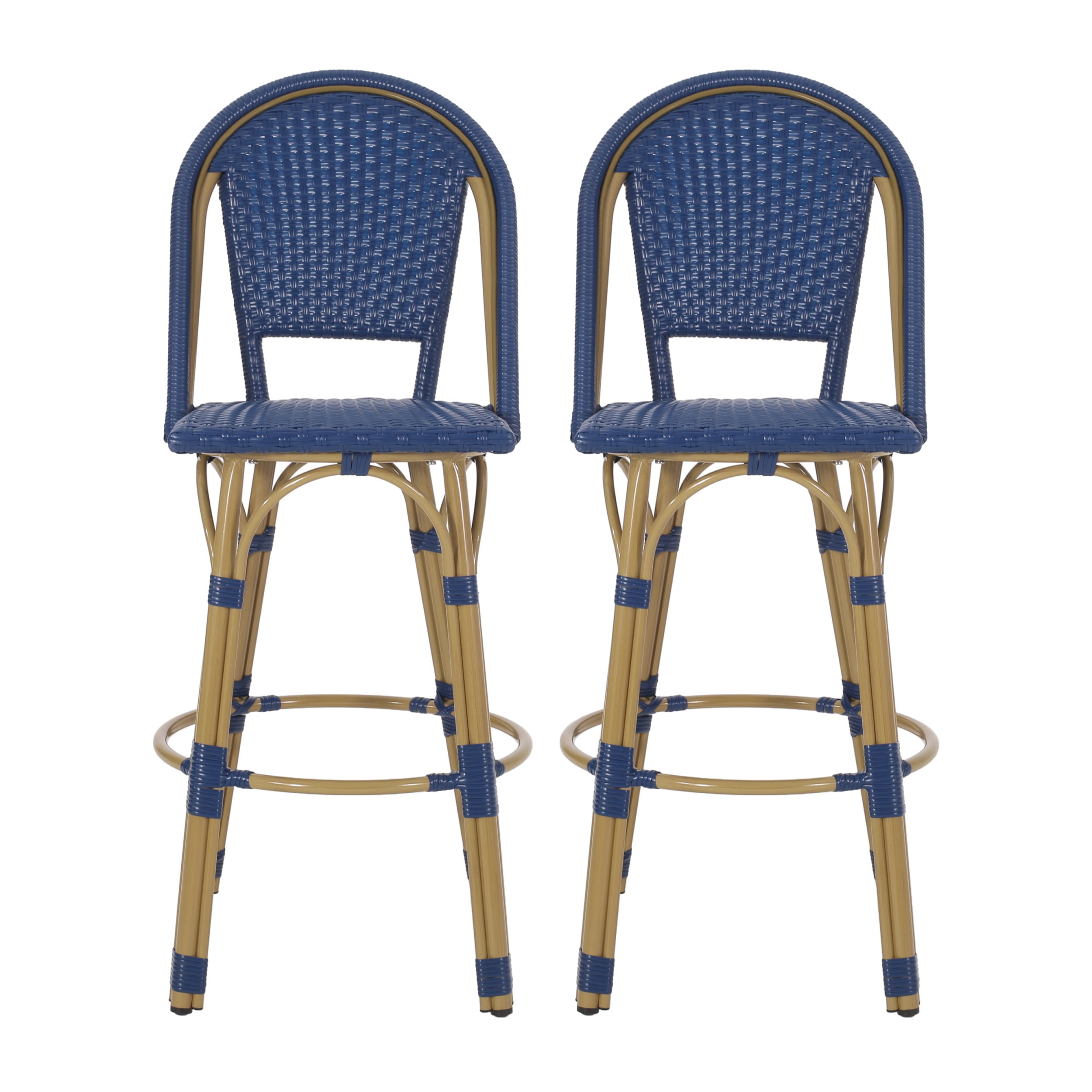 Cortina Wicker and Aluminum Outdoor 29.5 Inch Barstools, Set of 2, Navy Blue and Bamboo Finish