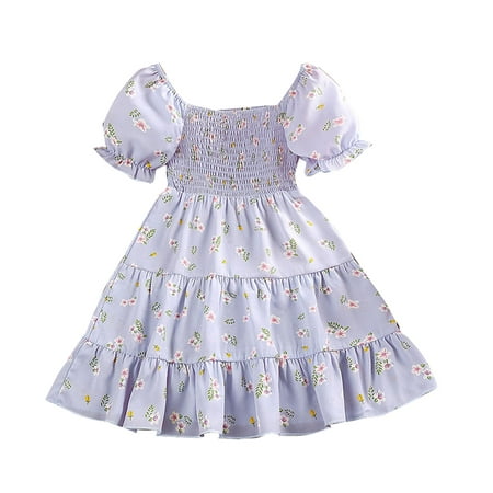 

Girls Fashion Dresses Girl Floral Casual Dress Flutter Sleeve Princess Dress Flower Print Purple Sundress Kids Summer Outfit Clothes For 6-7 Years