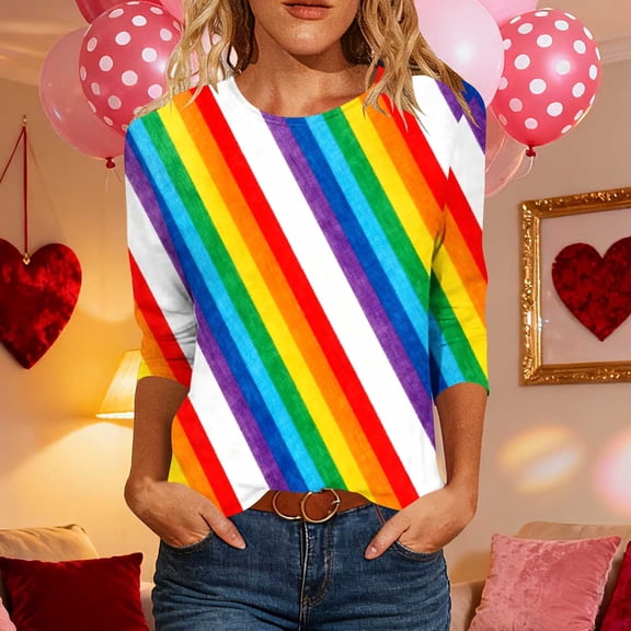 Miluxas Women's Rainbow Striped T Shirts 3/4 Sleeve Sleeve Round Neck Loose Fit Casual Tee Shirt Top White