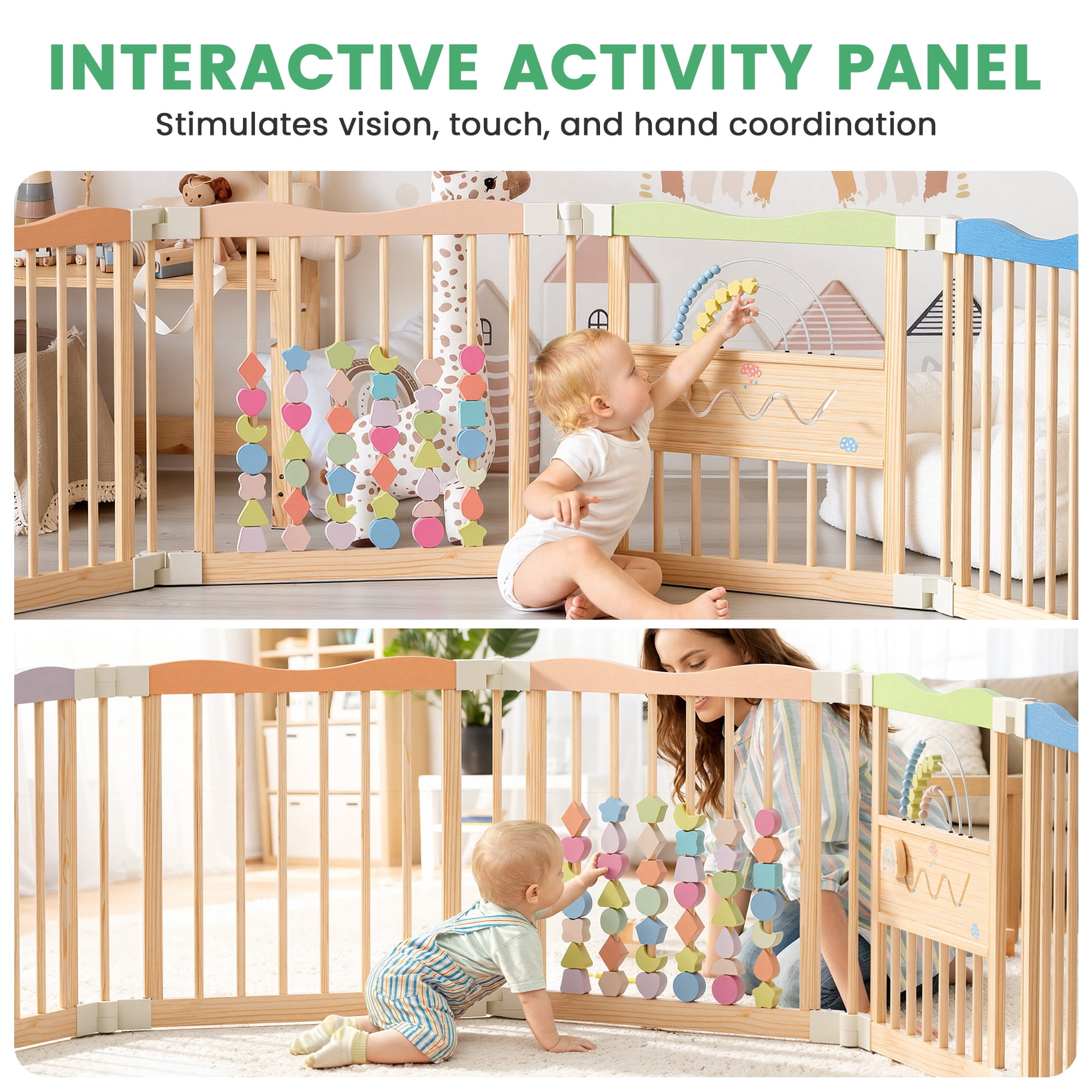 Buballino 8-Panel Baby Safety Fence Set - 100% Solid Pine Wood, 23.2"x23.6" Panels, Freestanding Easy Assembly Play Area Enclosure