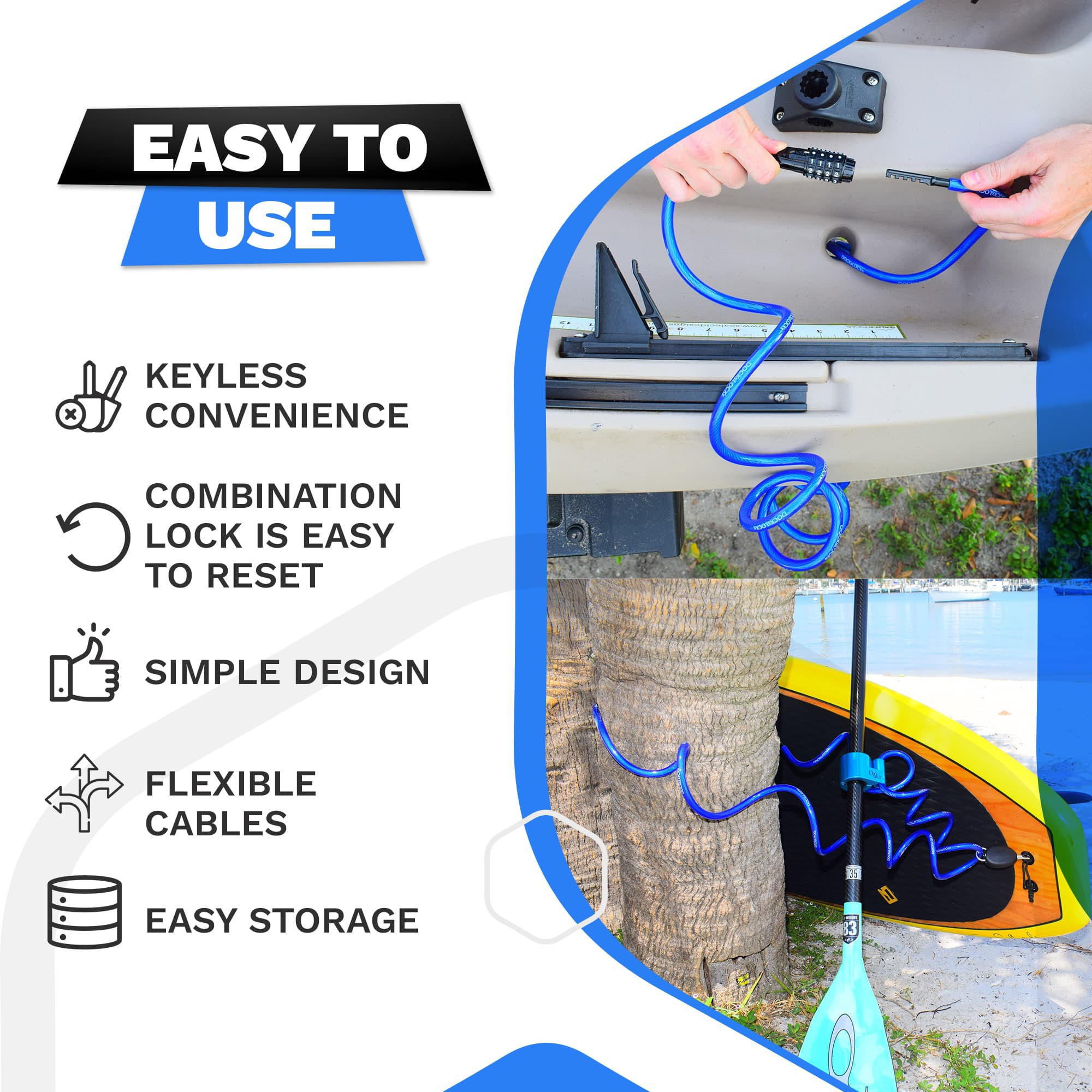 DocksLocks 10ft Weatherproof Coiled Cable Combination Lock for Bikes, Kayaks, Paddleboards, Marine Grade Steel, Anti-Theft Vinyl Coated Cable 1.35 lbs