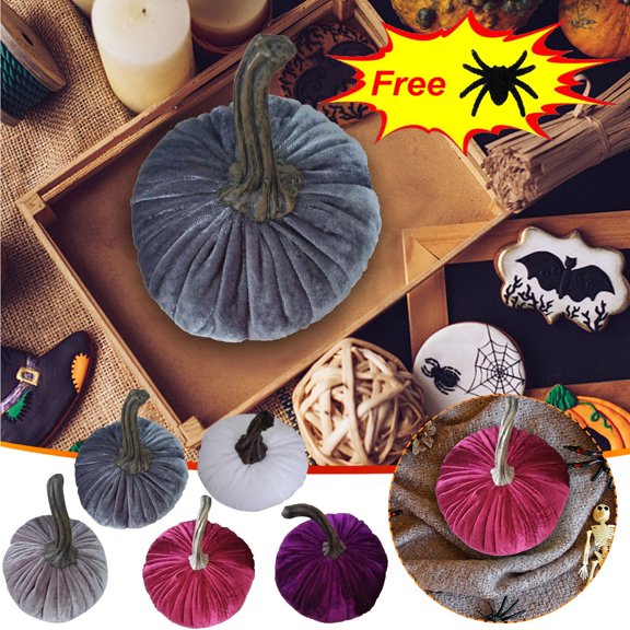Suncoda Halloween Decorations, Velvet Pumpkins Decorative - Super Soft Stuffed Pumpkin Decor for Thanksgiving Halloween Party Holiday, Halloween Gifts(Free Plush Spider)