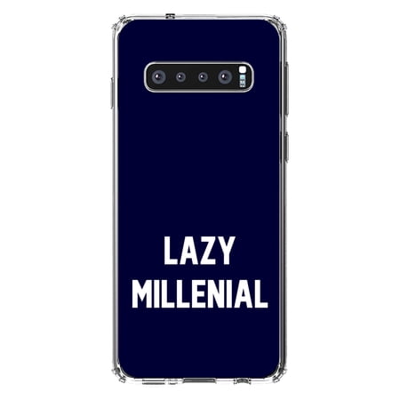 DistinctInk Clear Shockproof Hybrid Case for Samsung Galaxy S10+ PLUS(6.4 Screen) - TPU Bumper Acrylic Back Tempered Glass Screen Protector - Lazy Millenial - Navy & White
