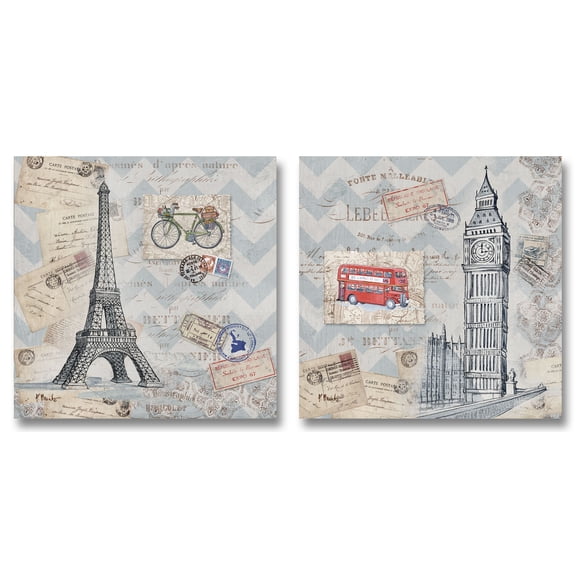 Blue and Cream Paris Eiffel Tower and London's Big Ben Adult Decor; 2 - 12" x 12" Unframed Posters