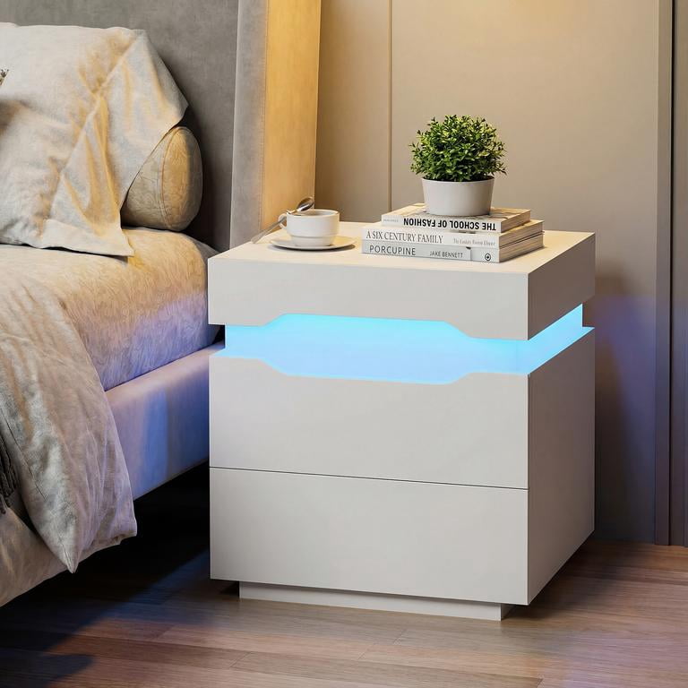 Lacoo Modern End Table with LED Lights & Charging Station, White Nightstand with 2 Drawers & Upper Storage for Living Room Bedroom, 2 Drawer