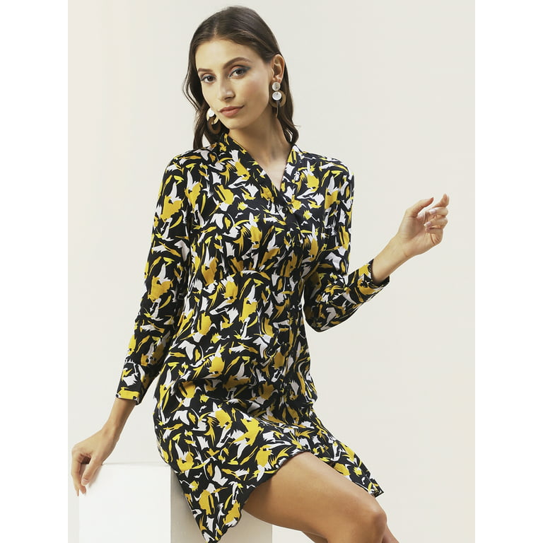 DressBerry Women's Printed Cotton Mini Shirt Dress Long Sleeves High Rise  Buttoned Front V Neck Frilled Bottom Western Style Short Dress 