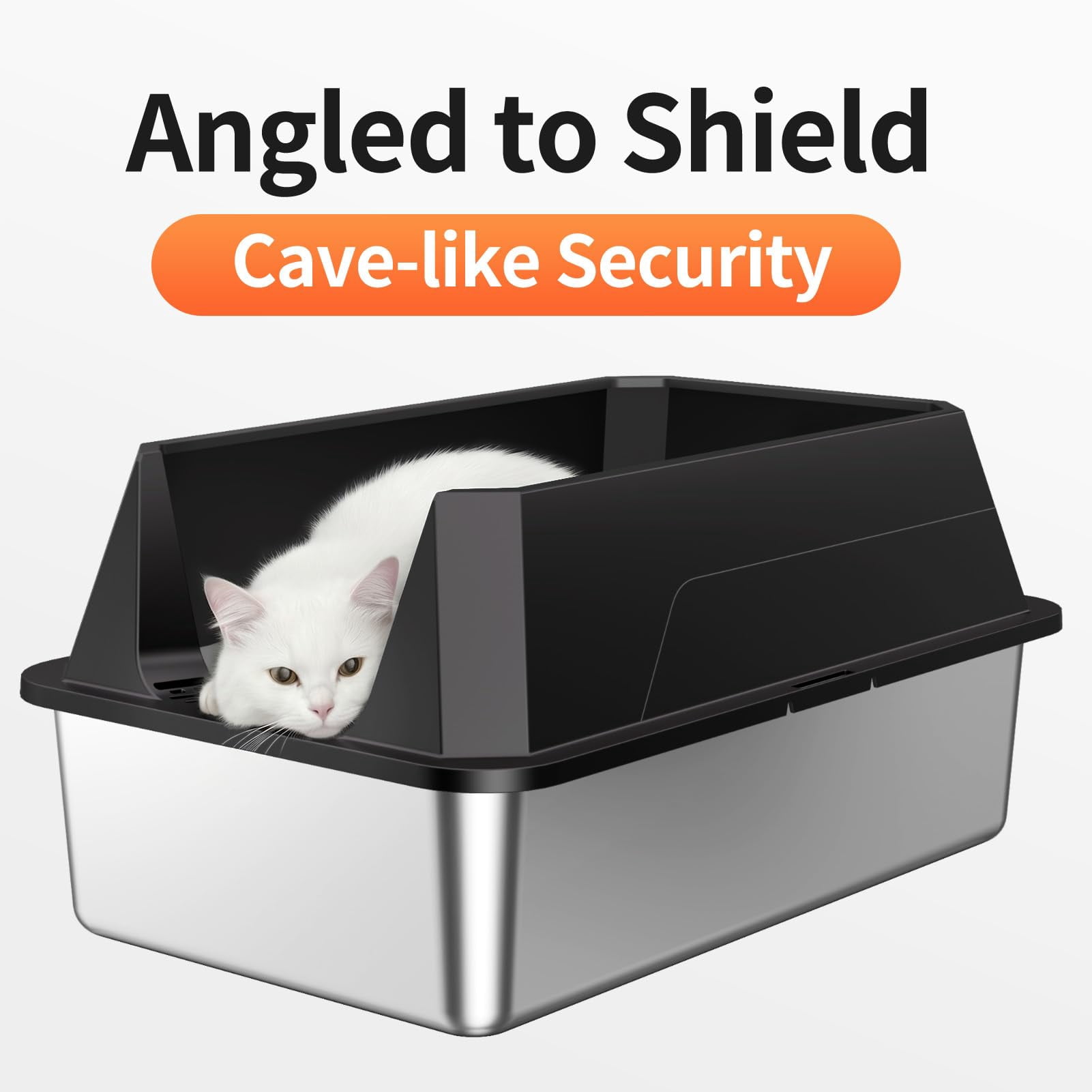 Stainless Steel Litter Box With High Sides Lid  Xl Sided Cat Pan Open Top Extra Large Metal Non-stick Leakproof Scoop Included Black