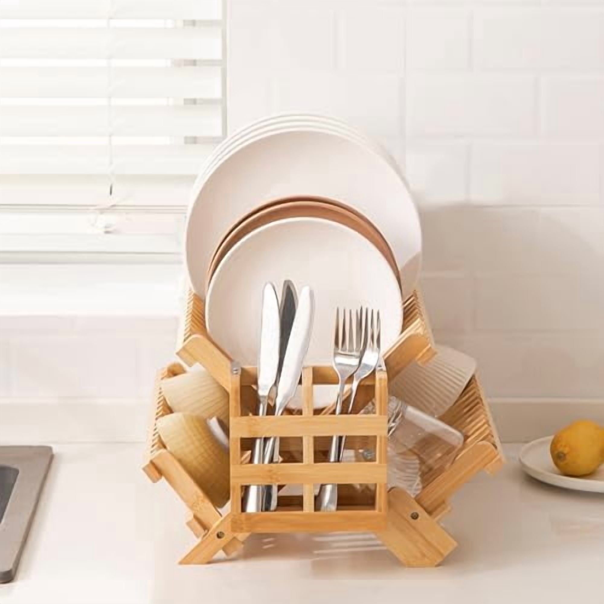 Bamboo Dish Drying Rack with Utensils Flatware Holder Set, 3-Tier Large Folding Drying Holder for Kitchen Counter, Collapsible Drainer