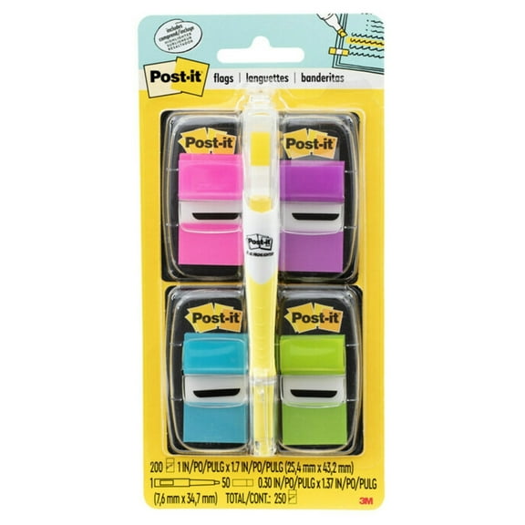 Post-it® Flags, Assorted Bright Colors, 50 Flags Per Pad, Pack Of 4 Pads   FREE Flag Highlighter