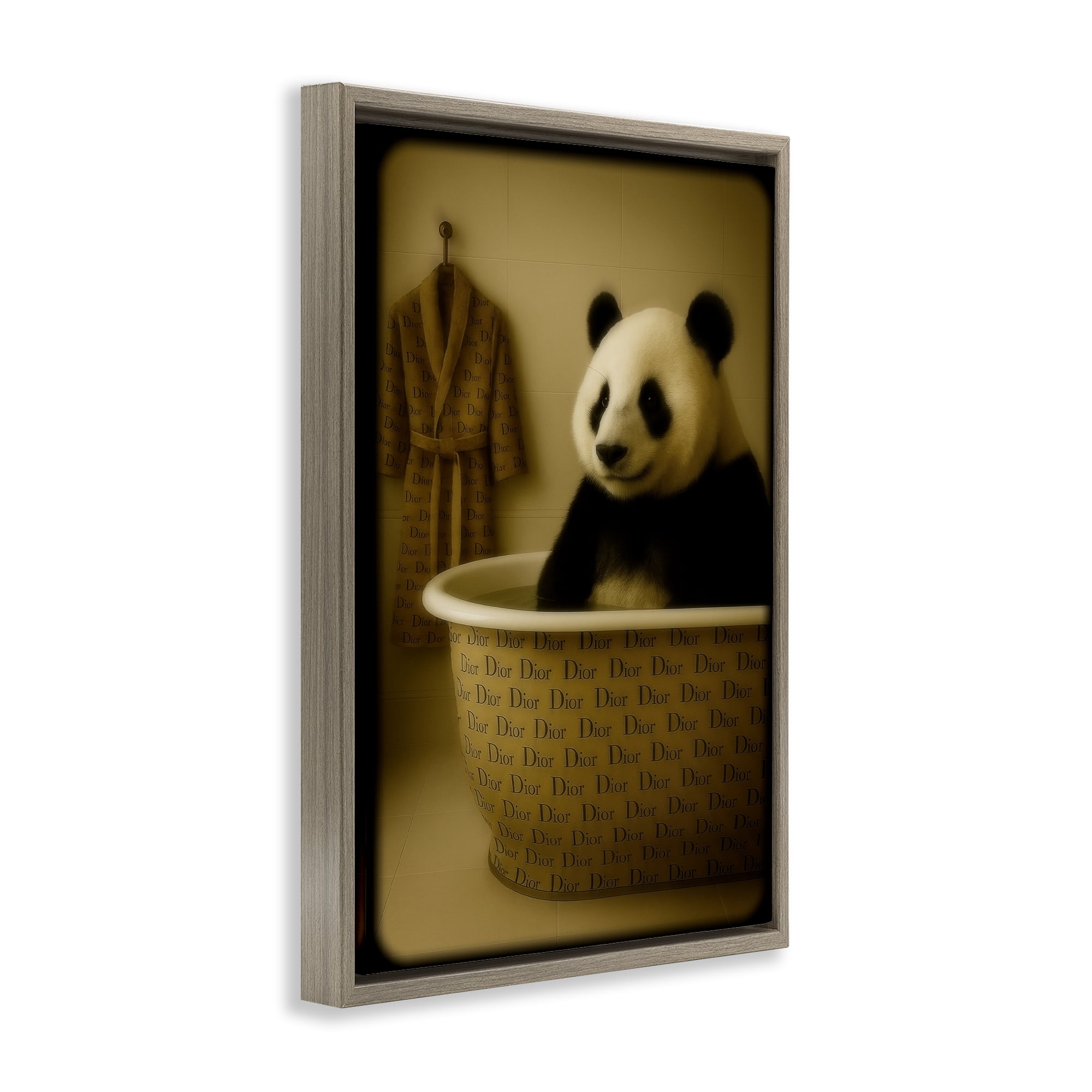 Stupell Industries Couture Panda in Luxury Tub Brown Framed Floater Canvas Wall Art, design by Grotto Studios