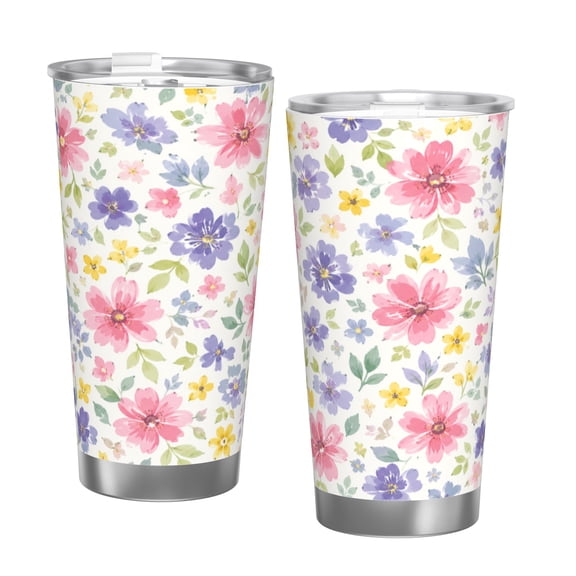 Watercolor Wildflower 20oz Insulated Tumbler with Handle and Straw Car Cup Holder Travel Coffee Cup Gift with Single Silver Rim