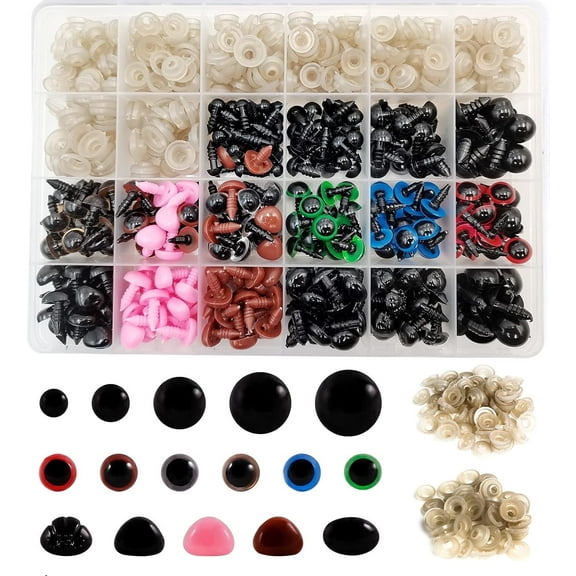 FEMBW Plastic Safety Eyes and Noses 6-14mm, 600Pcs Multicolor Doll Eyes with Washers for Crochet Crafts, Amigurumi, Stuffed Animals