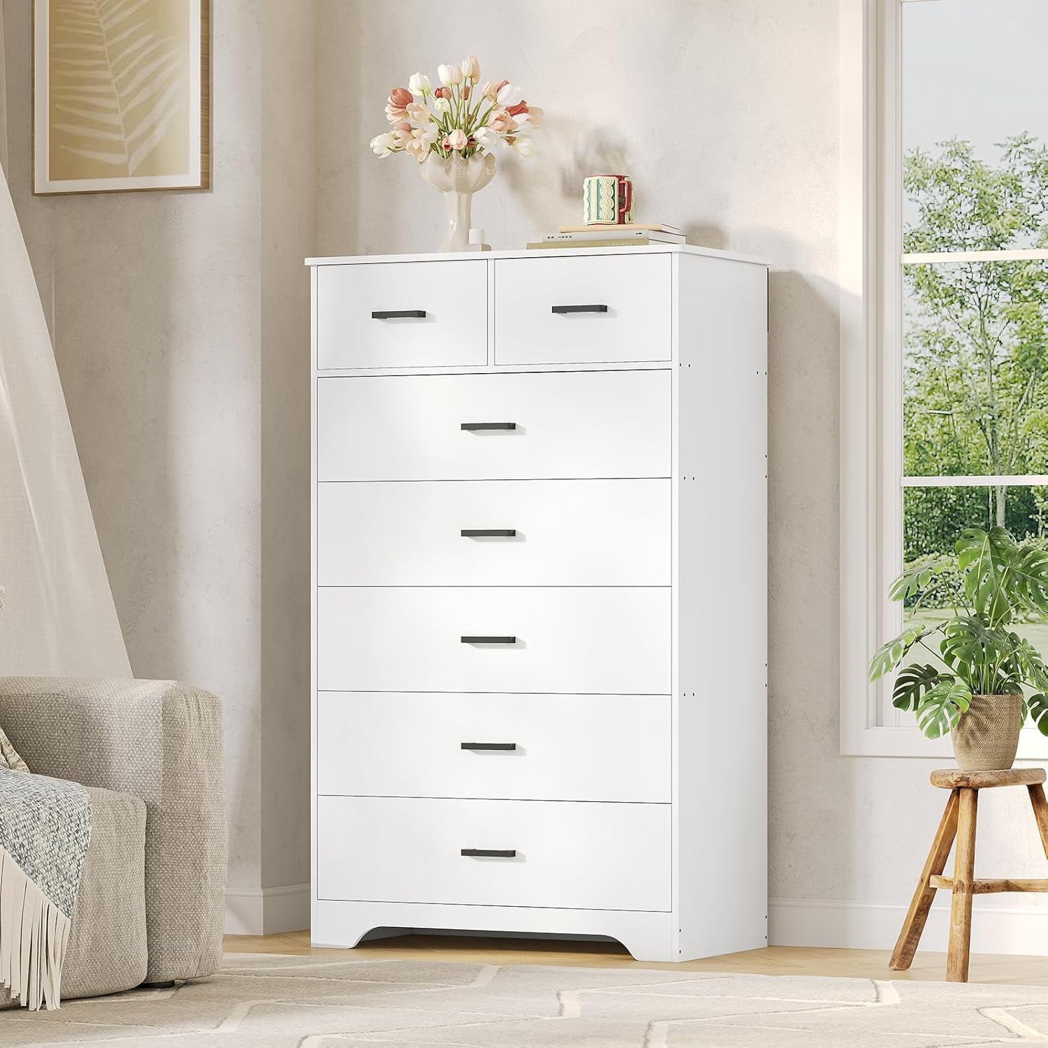 White 7 Drawers Dresser for Bedroom, Modern Chest of Drawers with Metal Handle, Vertical Dresser Storage Cabinets for Living Room Hallway