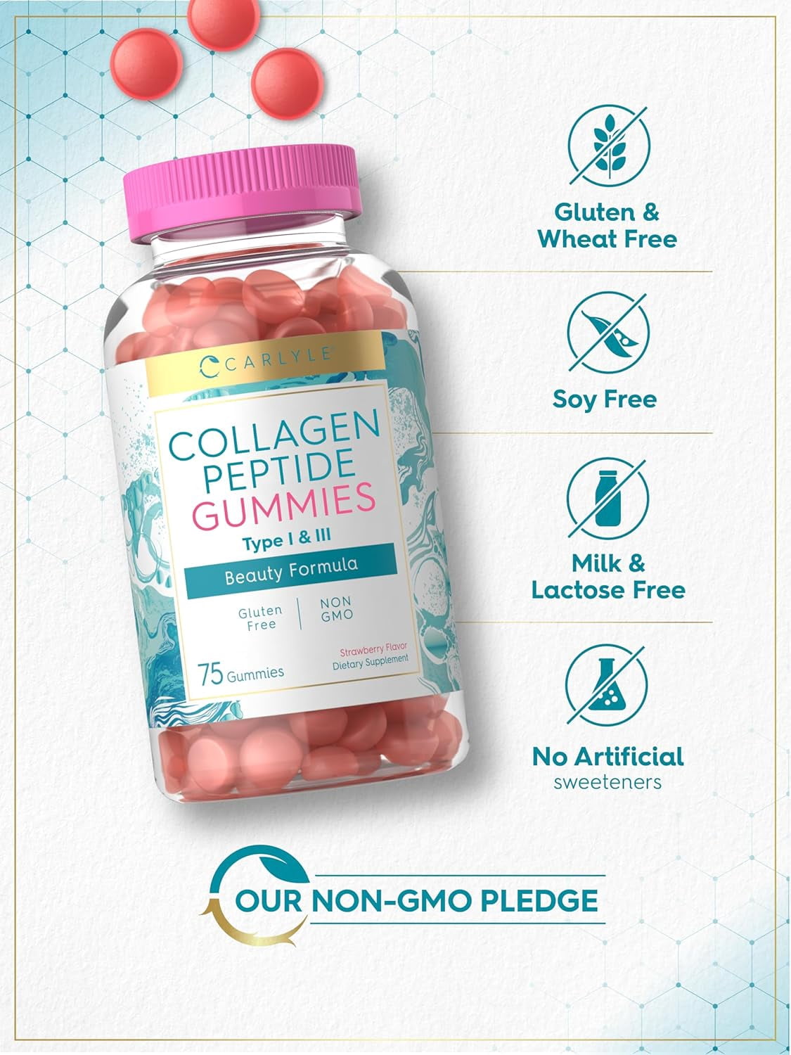 Collagen Gummies | 180 Count | Type 1 & 3 | Strawberry Flavor | by Carlyle