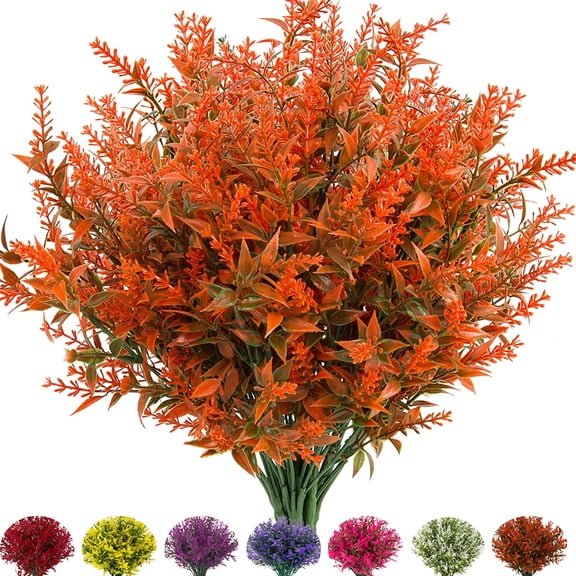 Artificial Outdoor Lavender Flowers,10 Bundles Artificial Flowers Outdoor,UV Resistant Fake Flowers,Outside Faux Plastic Flowers Shrubs for Indoor Outside Decorations(Orange Red)
