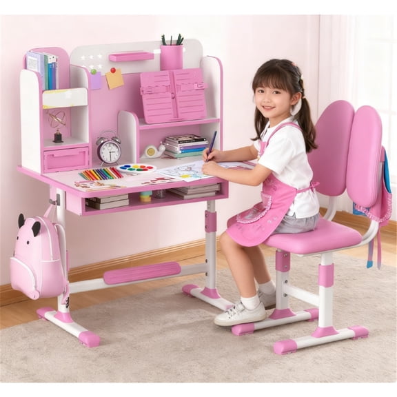 Dapmiu Adjustable Height Kids Desk Chair (Ages 3-18), Dual Back Support & Desktop Sliding Drawer Pink